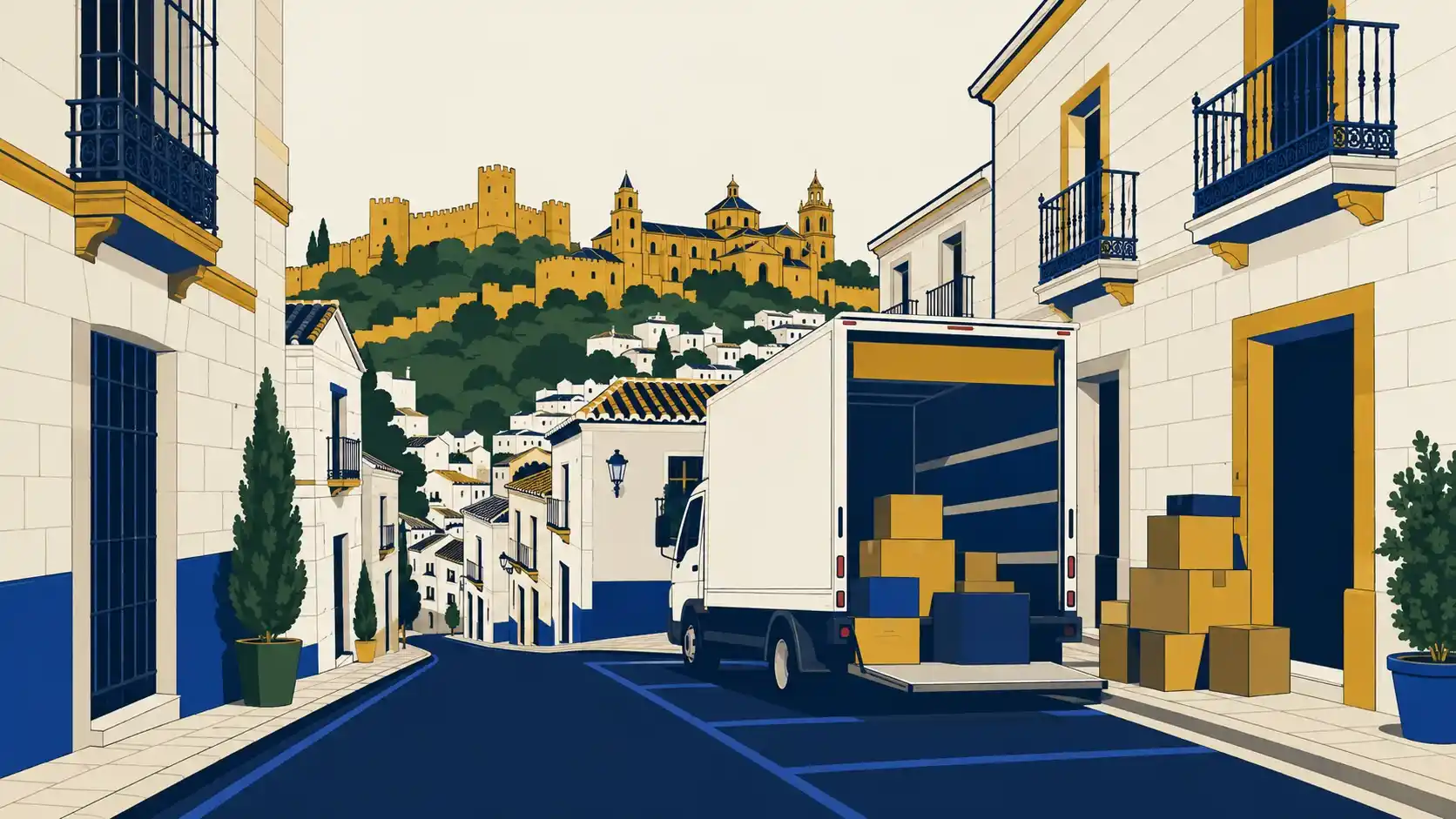 Aparcar en el centro de Jaén. Zona azul, carga y descarga y el día que llega el camión 3 Camión de mudanzas estacionado en una calle estrecha del centro de Jaén con el castillo al fondo
