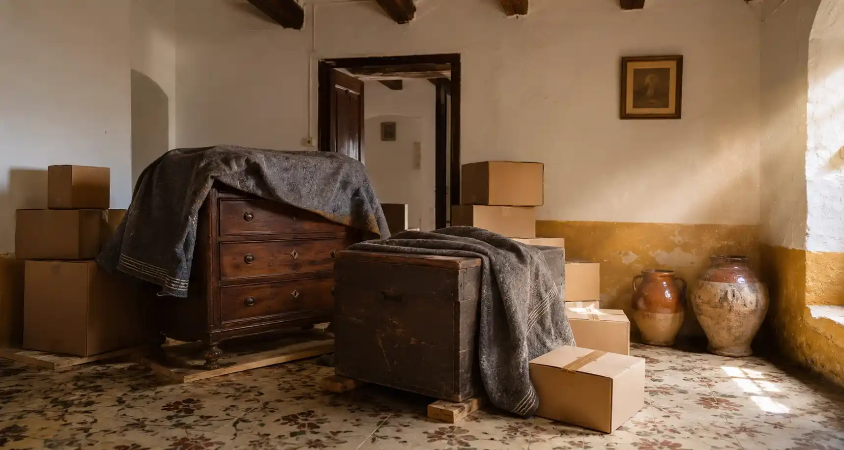 Qué hacer con los muebles de una casa heredada. 3 Muebles antiguos embalados en el salón de una casa heredada de un pueblo de Jaén